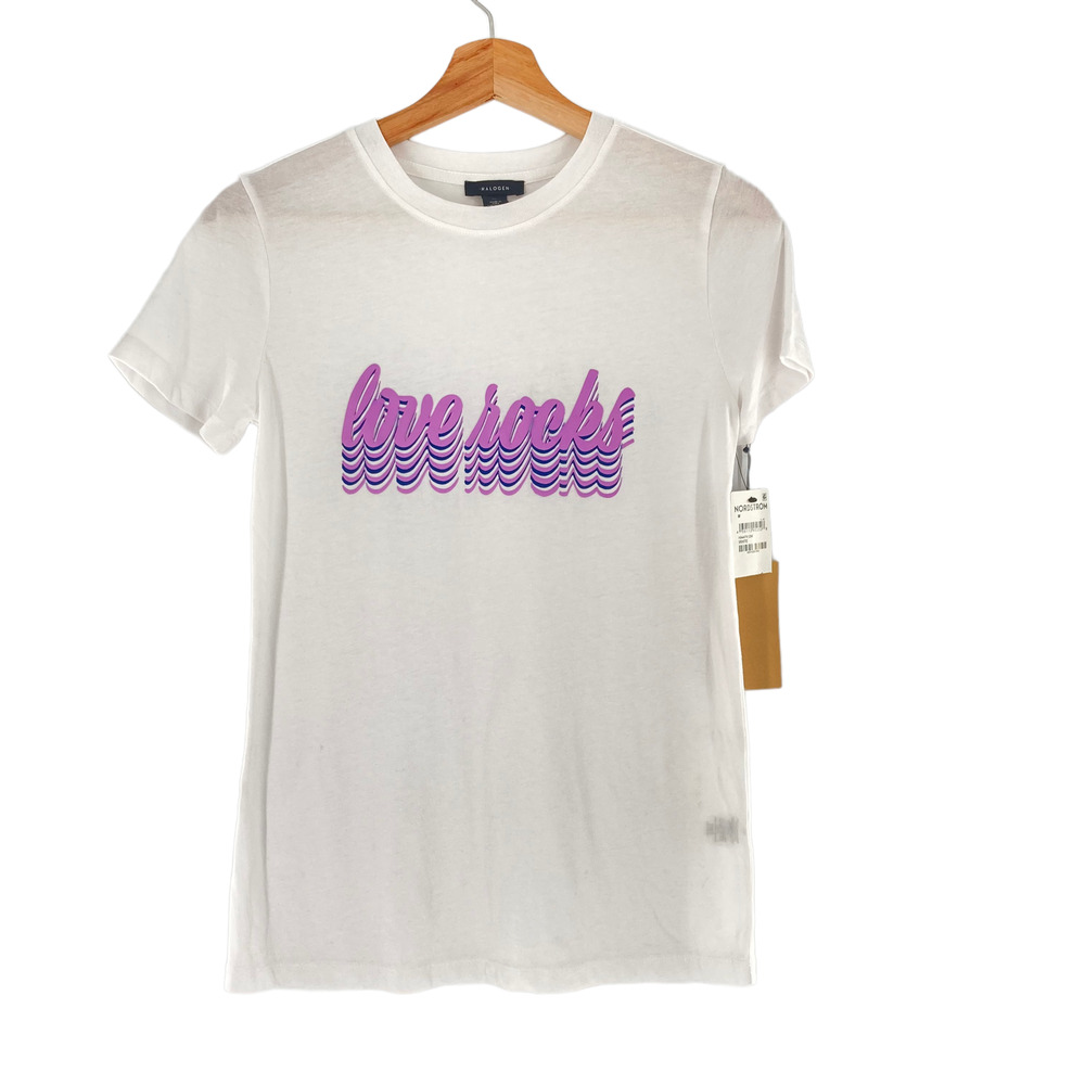 Halogen Love Rocks Graphic Tee Short Sleeve Crew White Cotton